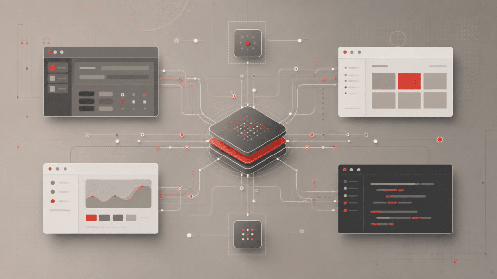 Illustratie van gekoppelde dashboards en codevensters voor API-automatisering