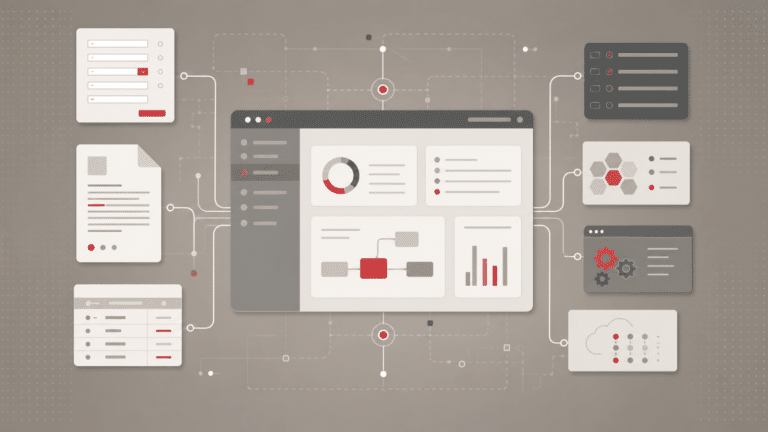 Illustratie van een portaaldashboard met gekoppelde functies en data