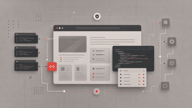 Illustratie van websitebeheer met codevensters en technische controles